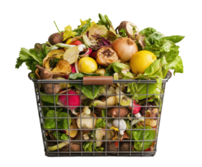 Vegetable scraps in a metal basket for composting and recycling on a transparent background, cut out