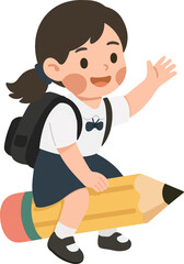 Illustration of School Girl Riding Pencil cartoon