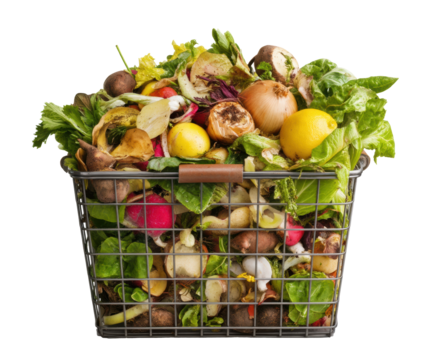 Vegetable scraps in a metal basket for composting and recycling on a transparent background, cut out