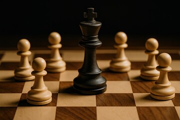 Strategic Chess Concept with King and Pawns on Chessboard in Dramatic Shadow Play and High Detail Photography