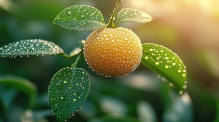Dewy Citrus Fruit on Branch.