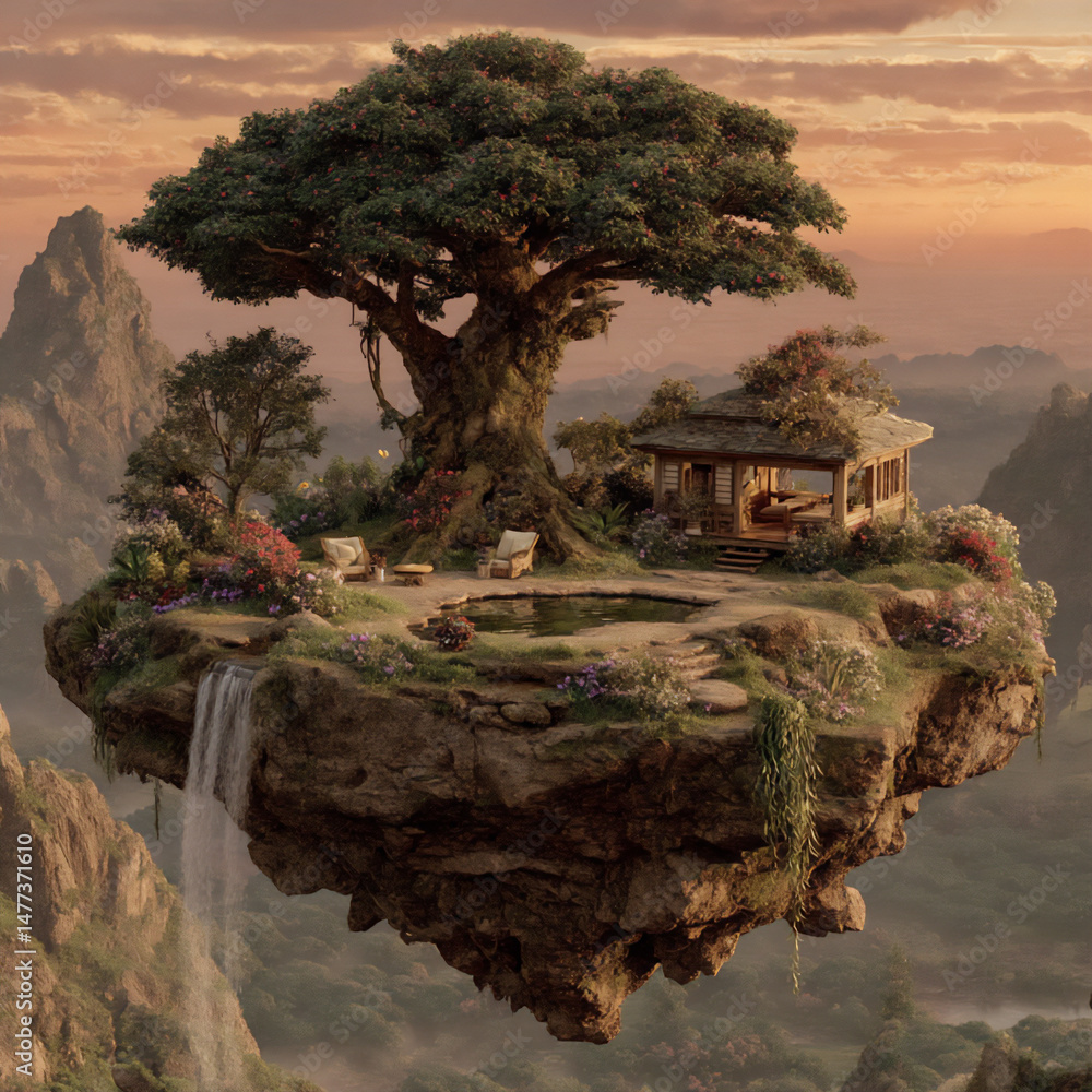 Poster a 3d rendering of a floating island with a massive ancient tree growing on it, its roots extending d