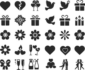 Obraz premium A collection of romantic and festive vector icons in black silhouette style. This set includes hearts, flowers, doves, champagne glasses, gifts, candles, ribbons, and couple dance icons