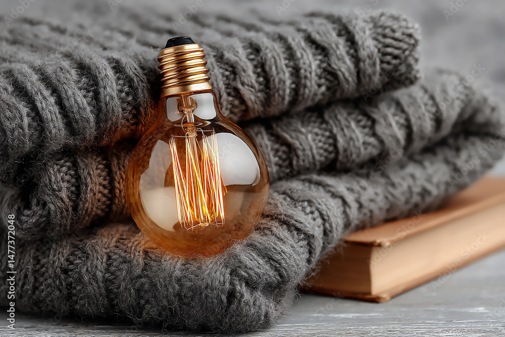 Poster a photograph of a smart bulb displaying a warm, amber glow, illuminating a comfortable reading nook 