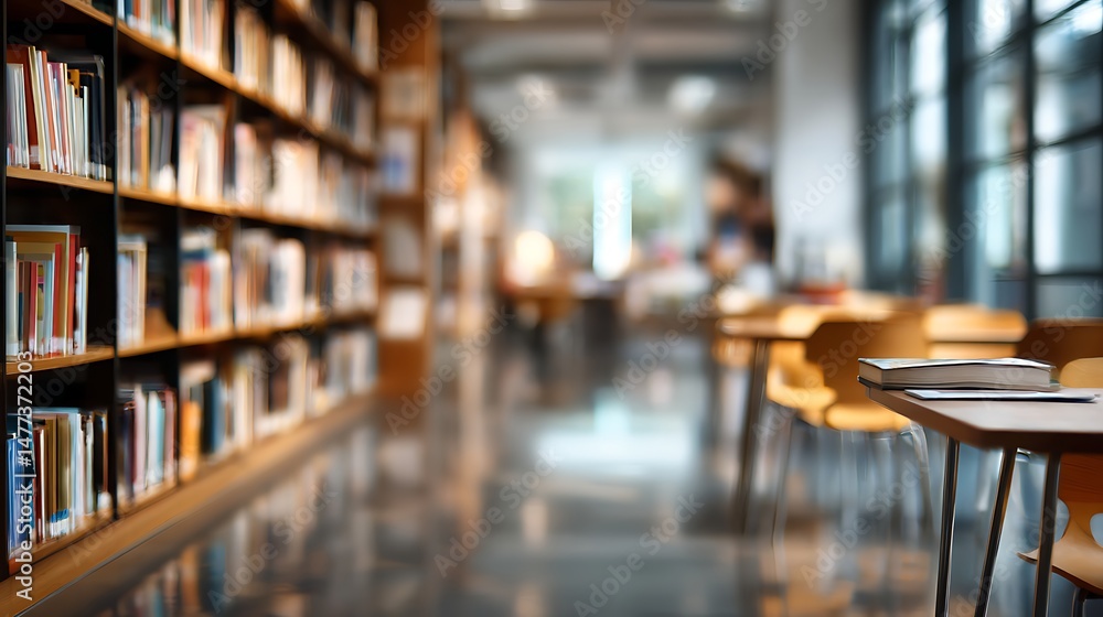 Poster utilize an abstract, blurred depiction of an empty college library interior with a defocused effect,