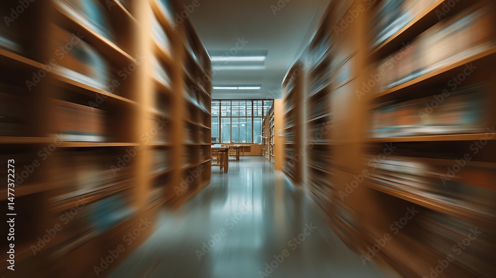 Poster utilize an abstract, blurred depiction of an empty college library interior with a defocused effect,