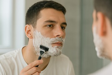 Man Shaving in Bathroom Mirror with Razor in Soft Natural Light High Detail Photography Perfect for Grooming and Personal Care Concepts