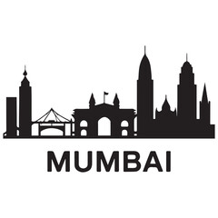 Vector Mumbai skyline. Travel Mumbai famous landmarks. Business and tourism concept for presentation, banner, web site. Vector black silhouette. with white background