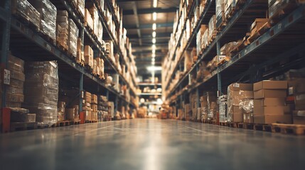 Typical storage, warehouse interior, toned image, selective focus, horizontal banner
