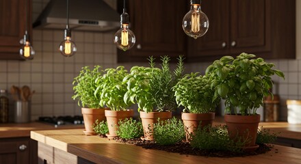 Growing Herbs in Pots on Kitchen Counter with Retro Bulbs