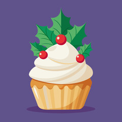 Delicious Christmas Cupcake with Holly and Berries