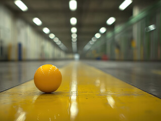 Vibrant yellow ball rests yellow line spacious industrial setting, showcasing sense of depth and focus. blurred background adds to atmosphere