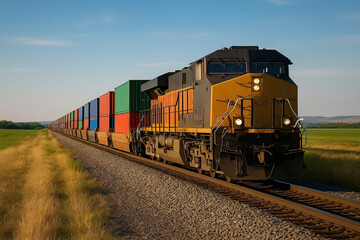 Fototapeta premium Freight Train with Cargo Containers Moving Through Countryside on Sunny Day, Featuring Logistics, Transport, and Scenic Landscape