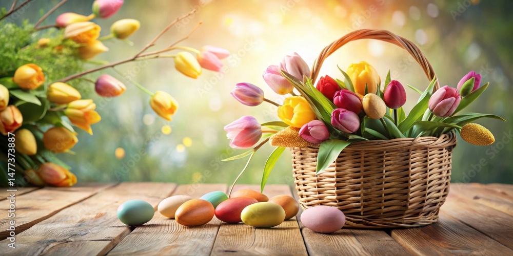 Aufkleber a vibrant wicker basket brimming with colorful spring tulips rests on a rustic wooden surface, compl