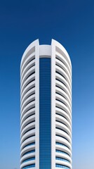 Modern residential high-rise building showcasing a sleek structure with curved lines blue glass windows reflecting the clear sky in a contemporary architectural masterpiece
