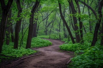 Naklejka premium A winding dirt path curves through a lush, green forest with tall trees and dense foliage.
