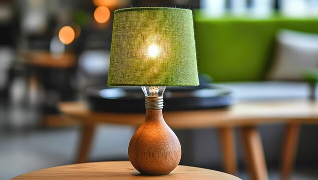 A small,  wooden table lamp with a  green fabric shade.  Warm light shines through