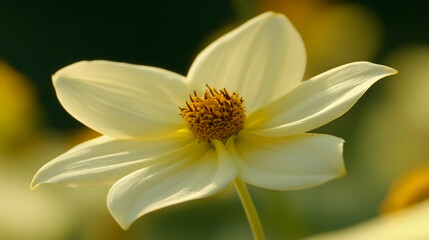 Obraz premium Close-up of a delicate, pale yellow dahlia flower, sunlit petals, soft focus background.