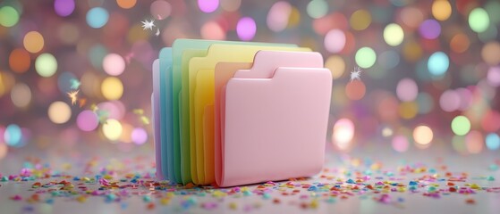Fototapeta premium Rainbow Pastel Folders on Confetti Festive Organization Concept