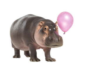 Happy hippo with pink balloon for fun celebrations on a transparent background, cut out
