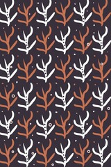 Obraz premium Hand-Drawn Botanical Pattern with Abstract Coral Leaves in Earth Tones on Dark Background for Textile and Wallpaper Design. Illustration