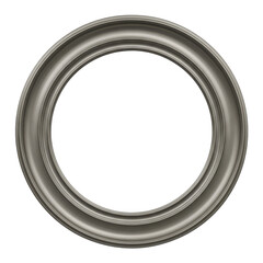 A silver-gray circular frame with concentric rings and a subtle gradient on a black background