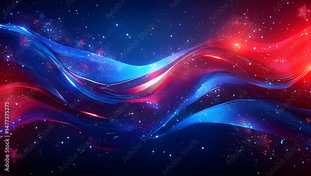 Poster vibrant abstract background featuring dynamic red and blue waves with glowing stars, creating a sens