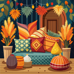 Autumnal Porch Decor with Colorful Pillows and Plants