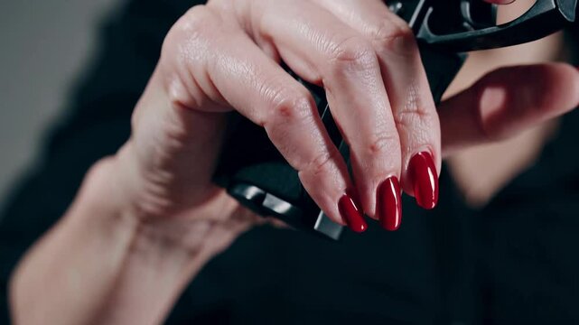 Closeup hand actions with handgun: woman's red nails grip gun with precision and focus