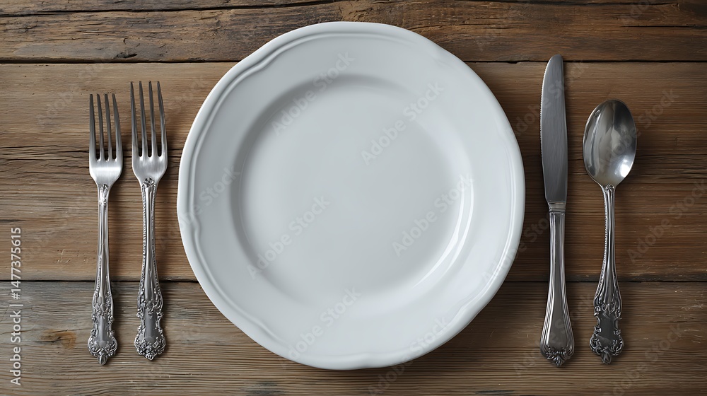Aufkleber top view of an empty white porcelain plate with cutlery on a wooden table with copy space image