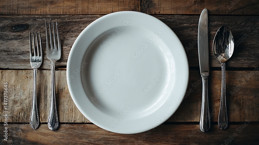Aufkleber top view of an empty white porcelain plate with cutlery on a wooden table with copy space image