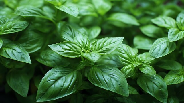 Top, down picture of genovese basil plants, basil, ocimum basilicum, also called sweet basil, is a tender plant, and is used in cuisines worldwide