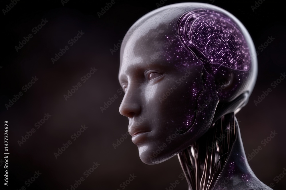 Poster stunning representation of a hyper-realistic humanoid figure showcasing intricate neural connections
