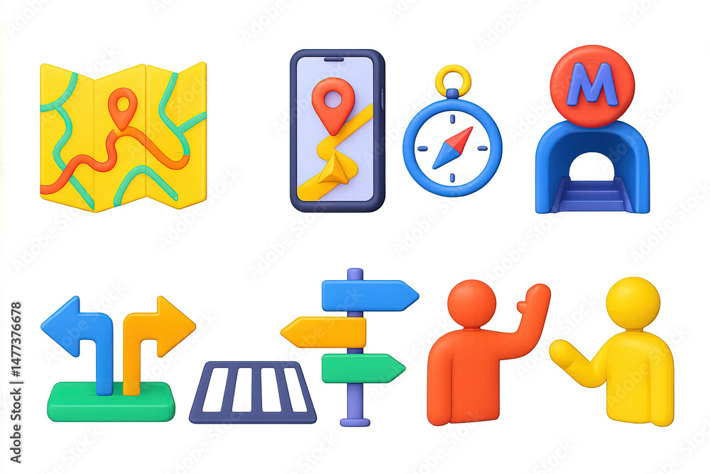 Poster navigation and travel 3d icons set – map, compass, wayfinding symbols