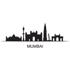 Fototapeta premium Vector Mumbai skyline. Travel Mumbai famous landmarks. Business and tourism concept for presentation, banner, web site. Vector black silhouette. with white background