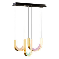 A gold colored light fixture with three curved arms