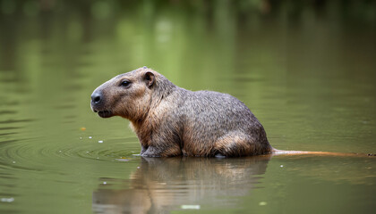 Fototapeta premium Capybara swimming in calm water surrounded by green vegetation 