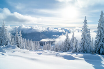 Snow-covered mountain landscape with pine trees and bright sunlight

