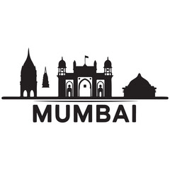 Vector Mumbai skyline. Travel Mumbai famous landmarks. Business and tourism concept for presentation, banner, web site. Vector black silhouette. with white background