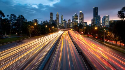 Obraz premium The motion blur of a busy urban highway during the evening rush hour, the city skyline serves as the background, illuminated by a sea of headlights and taillights