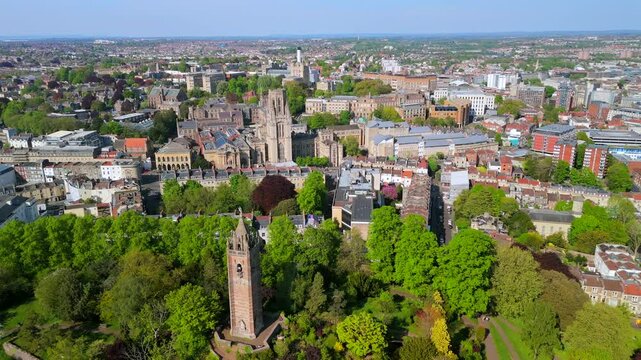 Aerial video of Bristol Cityscape featuring Barndon Hill and Cabot Tower. 