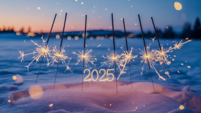 Merry 5 sparkler glowing on a snowy surface perfect for new year celebrations.png.jpg - Powered by Adobe