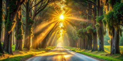 Golden sun rays illuminate a scenic road lined with majestic trees, creating a breathtaking, tranquil, and idyllic natural landscape.