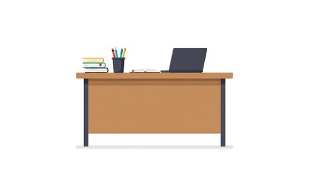Desk with Laptop Books and Office Supplies Flat Vector Illustration