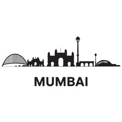 Vector Mumbai skyline. Travel Mumbai famous landmarks. Business and tourism concept for presentation, banner, web site. Vector black silhouette. with white background