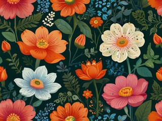 Bright Botanical Wallpaper with Bold Orange Blossoms, Modern Vintage Floral Fabric Print, Lush Botanical Illustration Pattern for Textile & Wallpaper