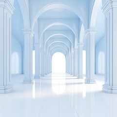 Fototapeta premium Light-filled, pale blue colonnaded hall, architectural perspective. Interior view of a long corridor with arches, columns, and polished floor. Spacious and airy