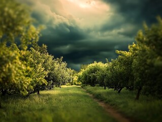 Obraz premium Enigmatic path amidst trees under a dramatic sky, conveying tranquility and anticipation