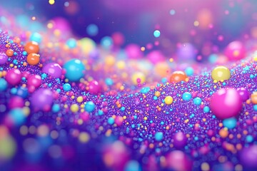 Colorful, abstract, 3D sphere field.  A vibrant, textured surface of various colored spheres, appearing as a wave-like pattern, with a blurred, out-of-focus background.  Small, 