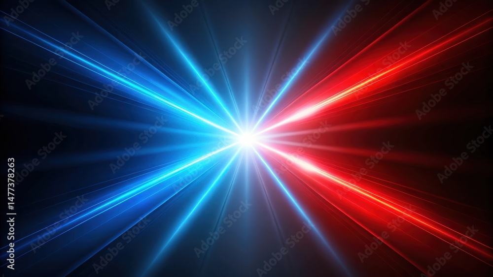 Poster abstract blue and red light rays converging at a central point, creating a dynamic and energetic vis